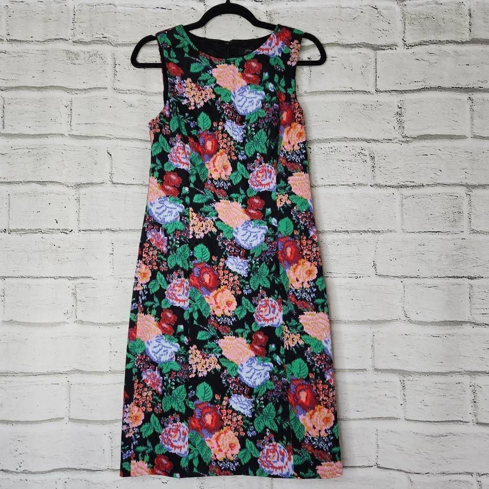 J. Crew Adachi Floral Jewel Neck Sleeveless Sheath Dress Black Multi Color Sz 4